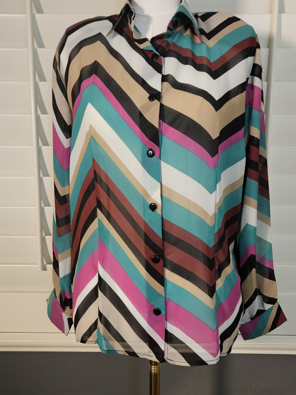 VINTAGE 80's SHEER Chevron Stripe Button-Front Blouse in Teal, Pink, Black,BROWN
